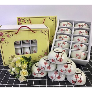 Bộ bát cơm men kem vẽ hoa đào đỏ