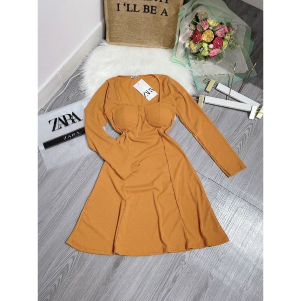 [FREESHIP] Đầm ngắn xòe chữ A tay dài hở cổ cúp ngực ba màu siêu xinh