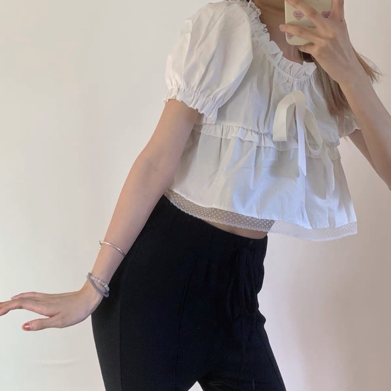 Áo Croptop Babydoll [Tiệm Vải Xinh] Áo Croptop Viền Ren Ngắn Tay Dễ Thương