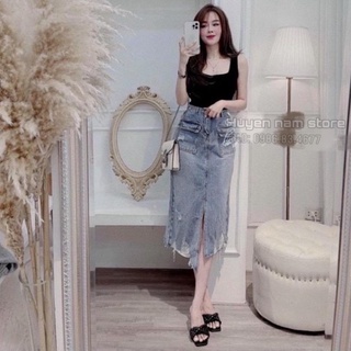 Chân váy bò dáng dài túi hộp xẻ lệch