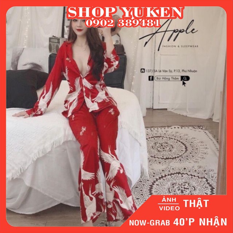 Bộ Pijama Lụa  Dài Họa tiết Hạc Cao Cấp