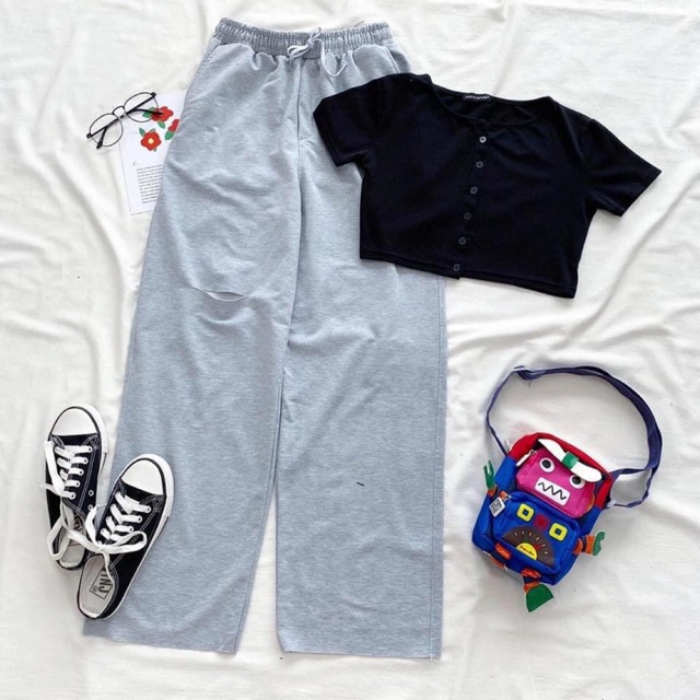Set Long Pant Rách Gối CropTop Nút Trơn