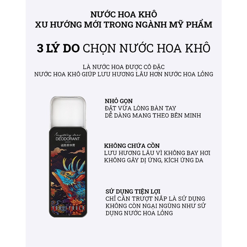 Nước hoa khô nam nữ, dầu thơm sáp khô hiệu con hươu YOULIYOULA, thơm mát ngọt ngào gây mê đắm 1 set có 3 hộp 3 mùi hươn