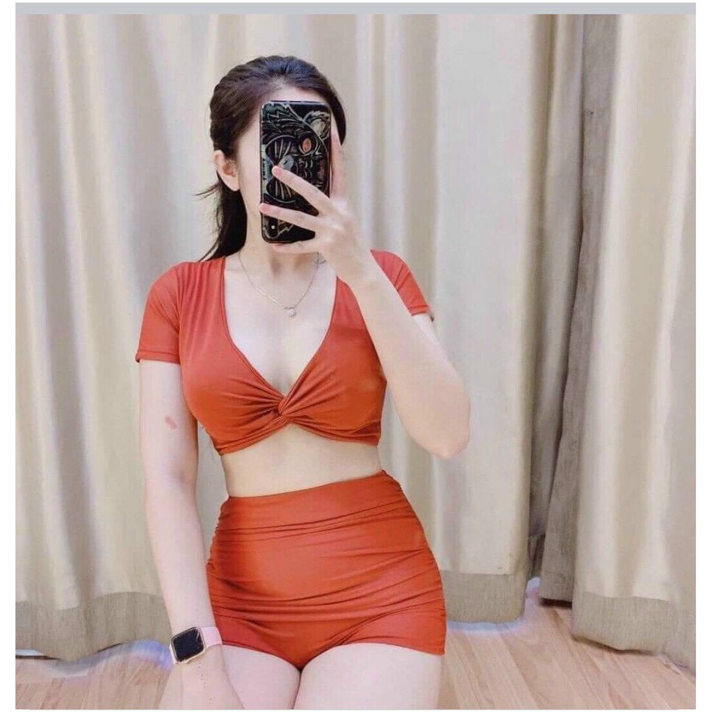 Bikini Đồ Bơi Nữ Hai Mảnh Quần Đùi Cạp Cao Áo Croptop Xoắn Bụng Đen/ Cam/ Vàng R4