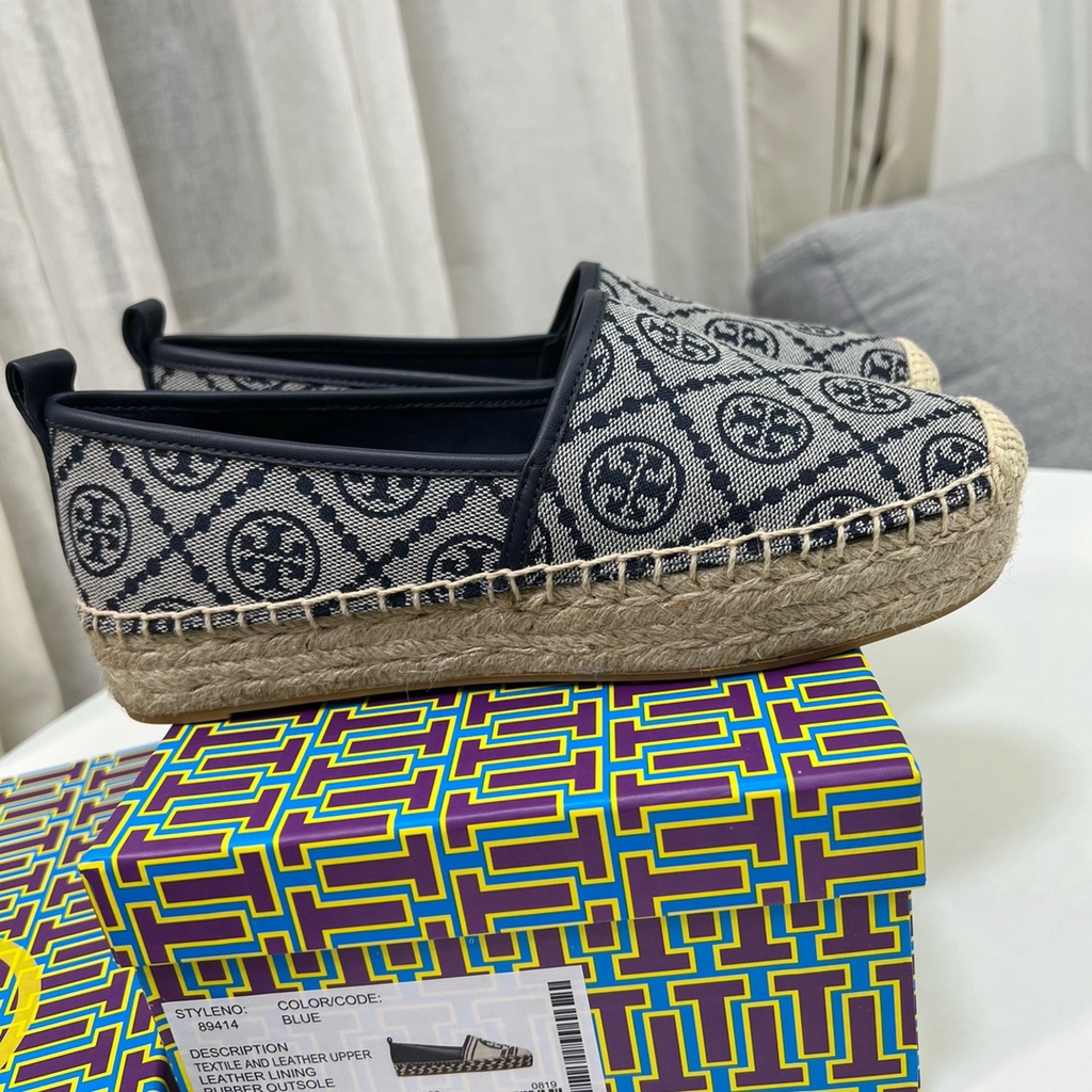 Giày đế cói nữ da thật thời trang cao cấp Tory Burch TB thiết kế thêu họa tiết logo