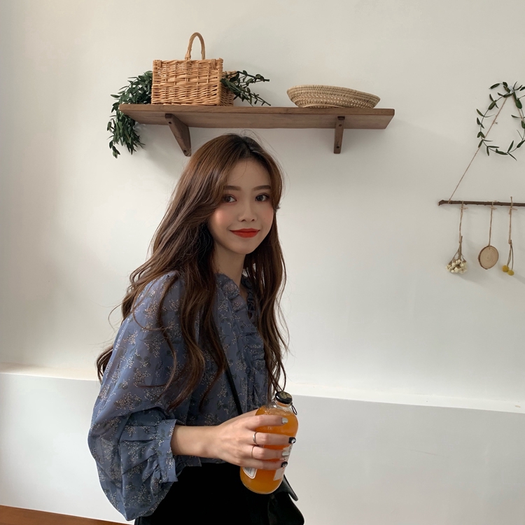 Áo Sơ Mi Chiffon Tay Dài Cổ Chữ V Họa Tiết Hoa Phong Cách Hàn Quốc Cho Nữ