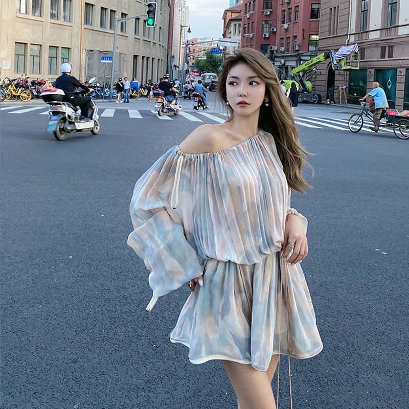 Đầm Ngắn Trễ Vai Thiết Kế Xếp Ly Thời Trang Xuân Hè Cho Nữ
