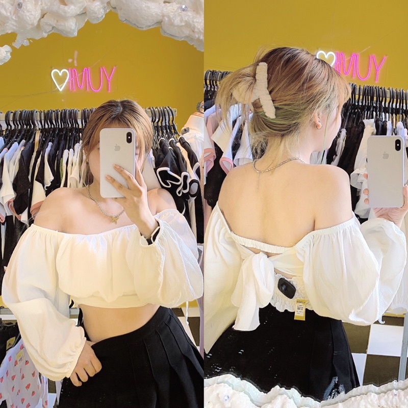 Áo Croptop Cột Nơ Tay Phồng [FREESHIP] Áo Kiểu Croptop Tiểu Thư TRẮNG ĐEN Phong Cách Ullzang ( ẢNH THẬT )