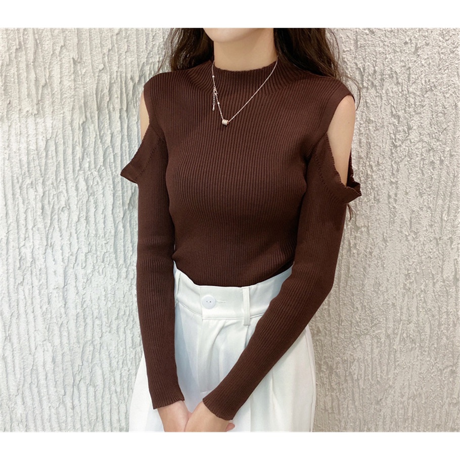 SUXI Áo kiểu dệt kim hở vai ôm dáng vừa vặn thời trang mùa thu mới dành cho nữ
