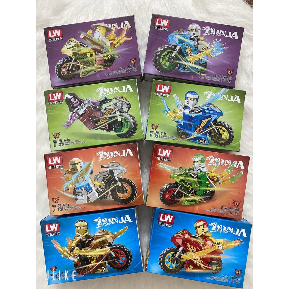 Lego Ninja, Bộ 8 Hộp Lego Lắp Ghép Mô Hình Nhân Vật Thần Chiến Kèm Xe Phân Khối Lớn NO.120