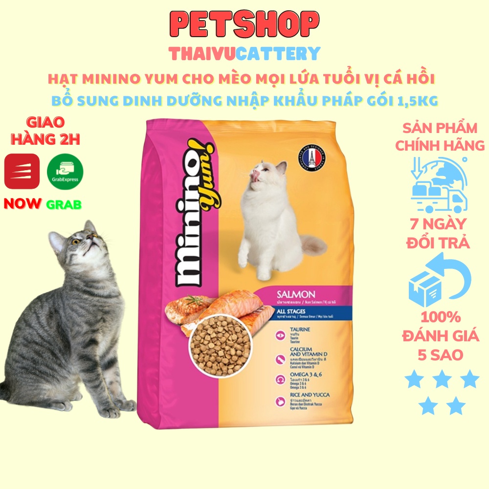 Hạt Minino YUM bổ sung dinh dưỡng cho mèo dành cho mèo mọi lứa tuổi vị cá hồi gói 1,5Kg