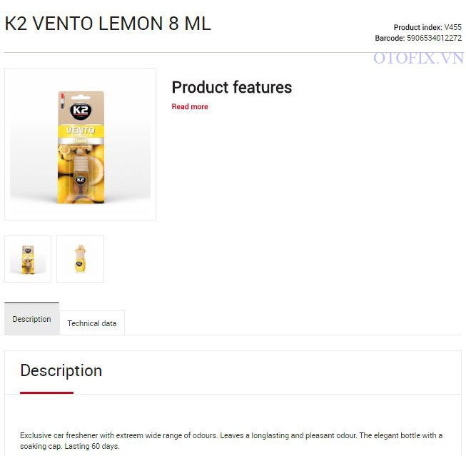 K2 Vento Lemon - nước hoa hương chanh, khử mùi ô tô, lọ treo cao cấp