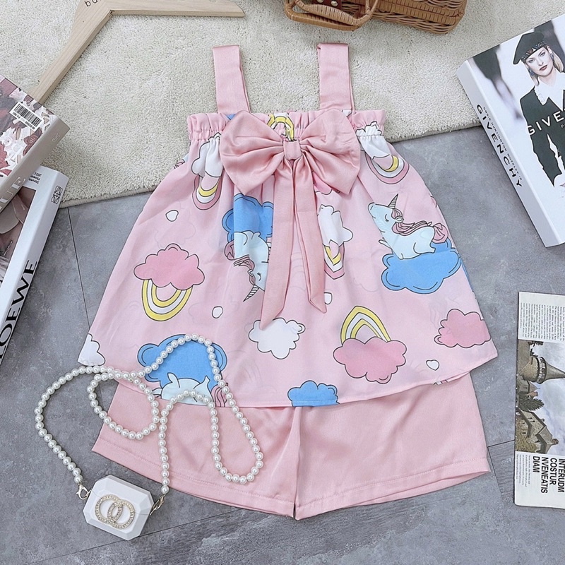 Bộ bé gái từ 16-32kg chất lụa Mago cao cấp❤️Bộ quần áo mặc nhà thiết kế 2 dây bản to phối nơ cho bé gái siêu xinh-M0054