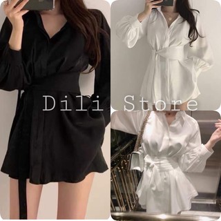 Bộ Áo Vest Dây Eo Kèm Quần 🍍 Set Áo Dài Nữ Quần Đùi Chất Đũi 2 Màu 🍍 Vest nữ sang chảnh, gồm áo sơ mi dáng rộng kèm quần