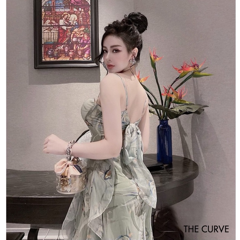 Đầm Dự Tiệc 2 Dây Chíp Eo Nơ Lưng Đuôi Bèo Xòe - 2 Màu Nude, Xanh - Vải Voan