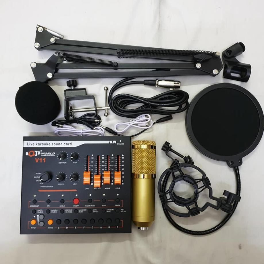 combo bộ mic thu âm hát livestream karaoke micro BM800 card V11 chân kẹp màng lọc âm bảo hành 6 tháng