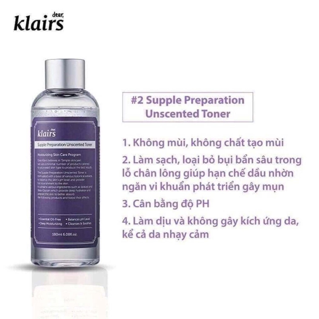 Nước Hoa Hồng Không Mùi Cho Da Nhạy Cảm Klairs Supple Preparation Unscented Toner (180ml) Không hươn