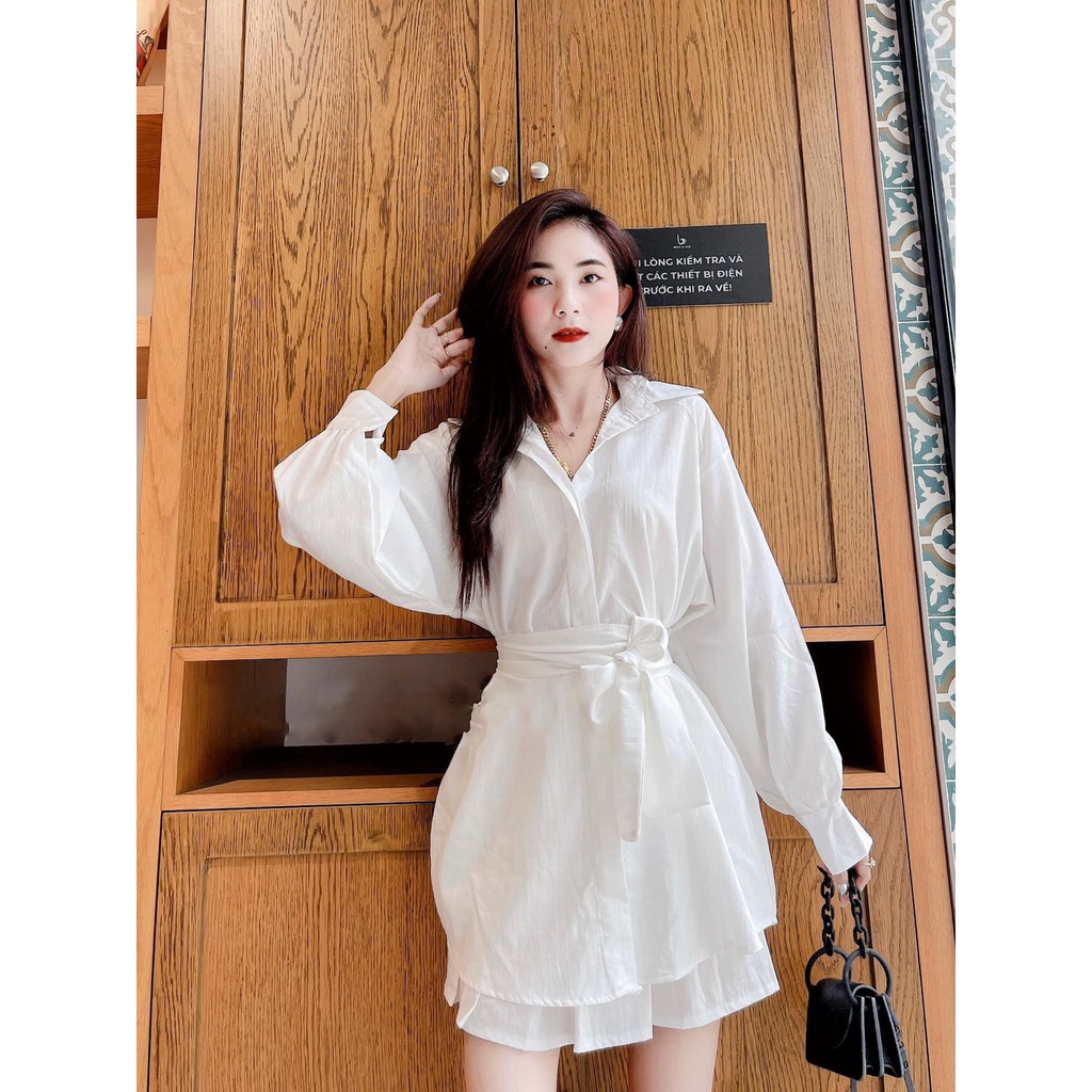 Bộ Váy Sơ Mi Trắng Dây Eo 🦋 Set Váy Đũi Dài Tay Kèm Chân Váy 🦋 | BigBuy360 - bigbuy360.vn