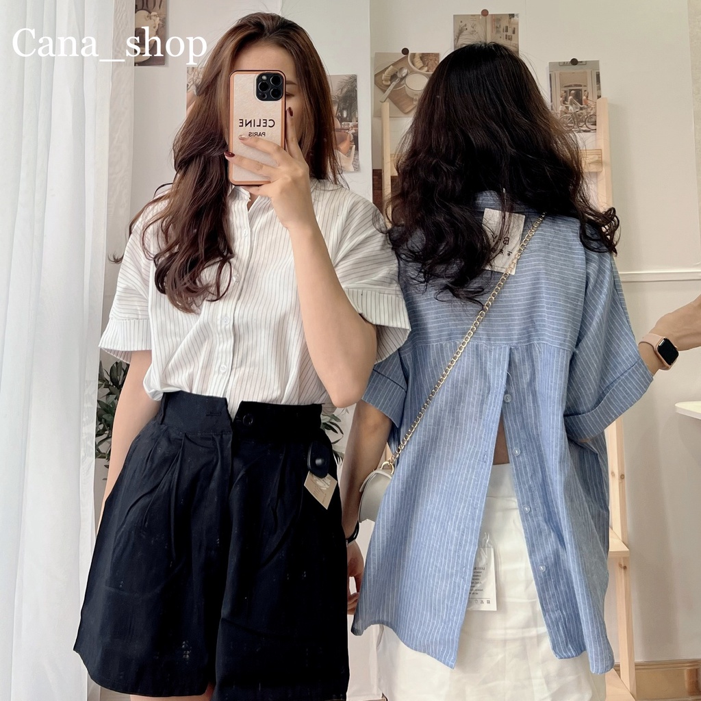 Áo sơ mi kẻ cộc tay có cúc sau lưng I CANASHOP