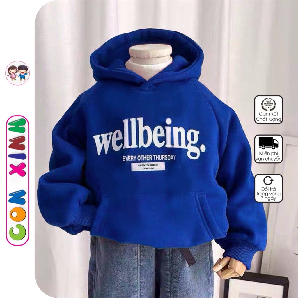 Áo hoodie nỉ bé trai Con Xinh phom rộng in chữ Wellbeing, thời trang thu đông dành cho bé từ 4 đến 10 tuổi