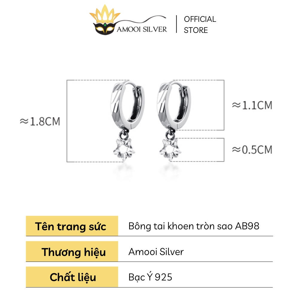 [Mã BMLT35 giảm đến 35K đơn 99K] Bông Tai Bạc S925 Khoen Tròn Mẫu Ngôi Sao Móc Đường Kính 8mm - Amooi Silver AB98