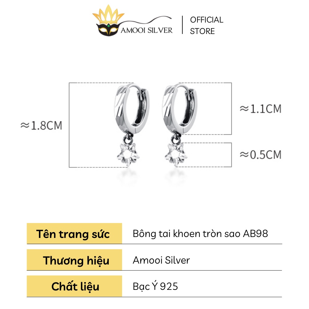 Bông Tai Bạc S925 Khoen Tròn Mẫu Ngôi Sao Móc Đường Kính 8mm - Amooi Silver AB98