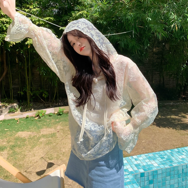 Áo Khoác Ren Lưới Trong Suốt Có Nón Trùm Đầu Chống Nắng Thời Trang Cho Nữ
