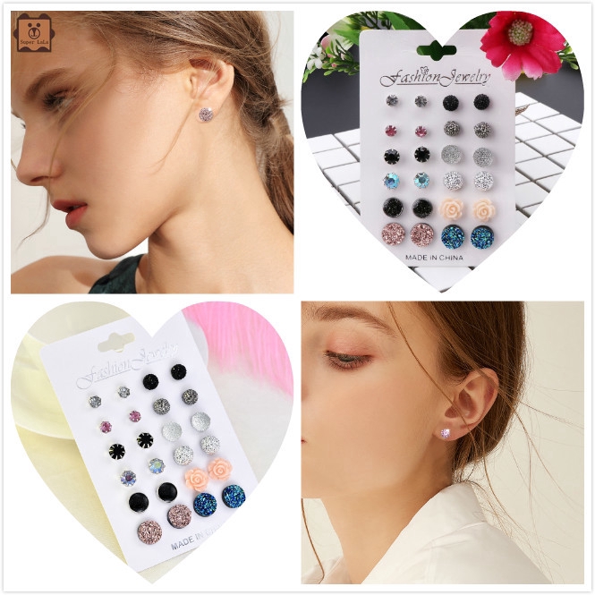 Bộ 12 đôi bông tai đính đá xinh xắn thời trang cho nữ