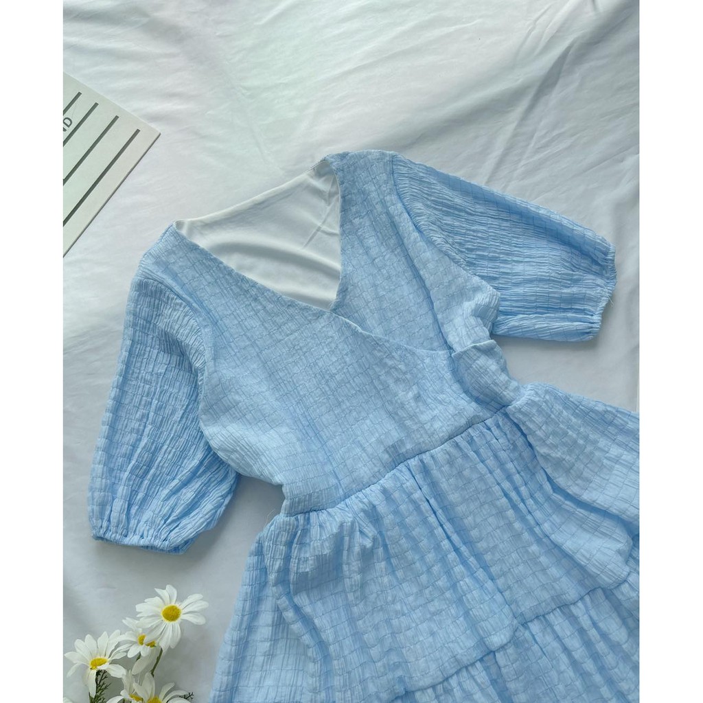 ĐẦM váy thiết kế babydoll voan xanh kẻ sọc tay dài dáng suông - minhi