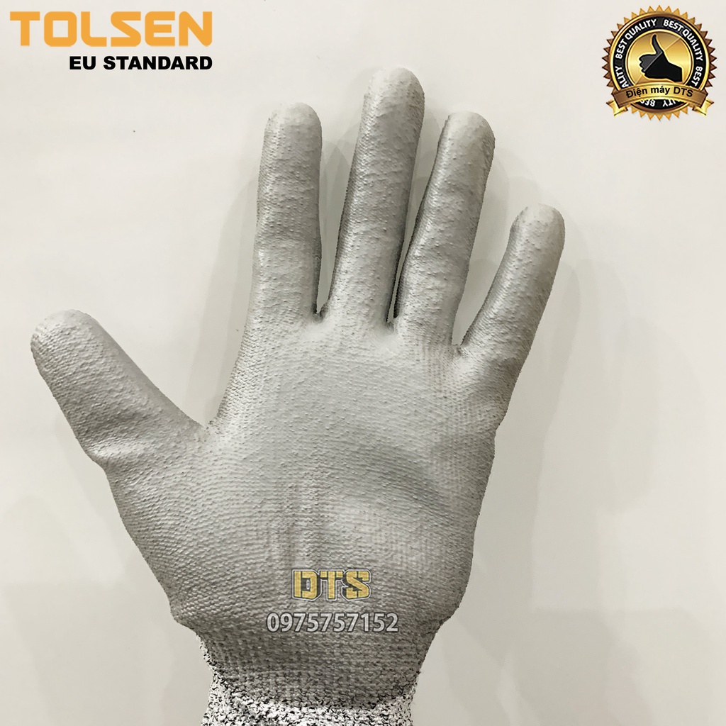 Găng tay chống cắt cấp độ 5 TOLSEN phủ PU, găng tay bảo hộ chống đâm xuyên, mài mòn, xé rách theo tiêu chuẩn EN388