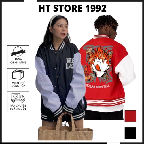 ♘Áo khoác bomber nữ teelab màu đỏ đen dễ phối đồ, nam bóng chày vải dù 2 lớp mặc đôi - K061