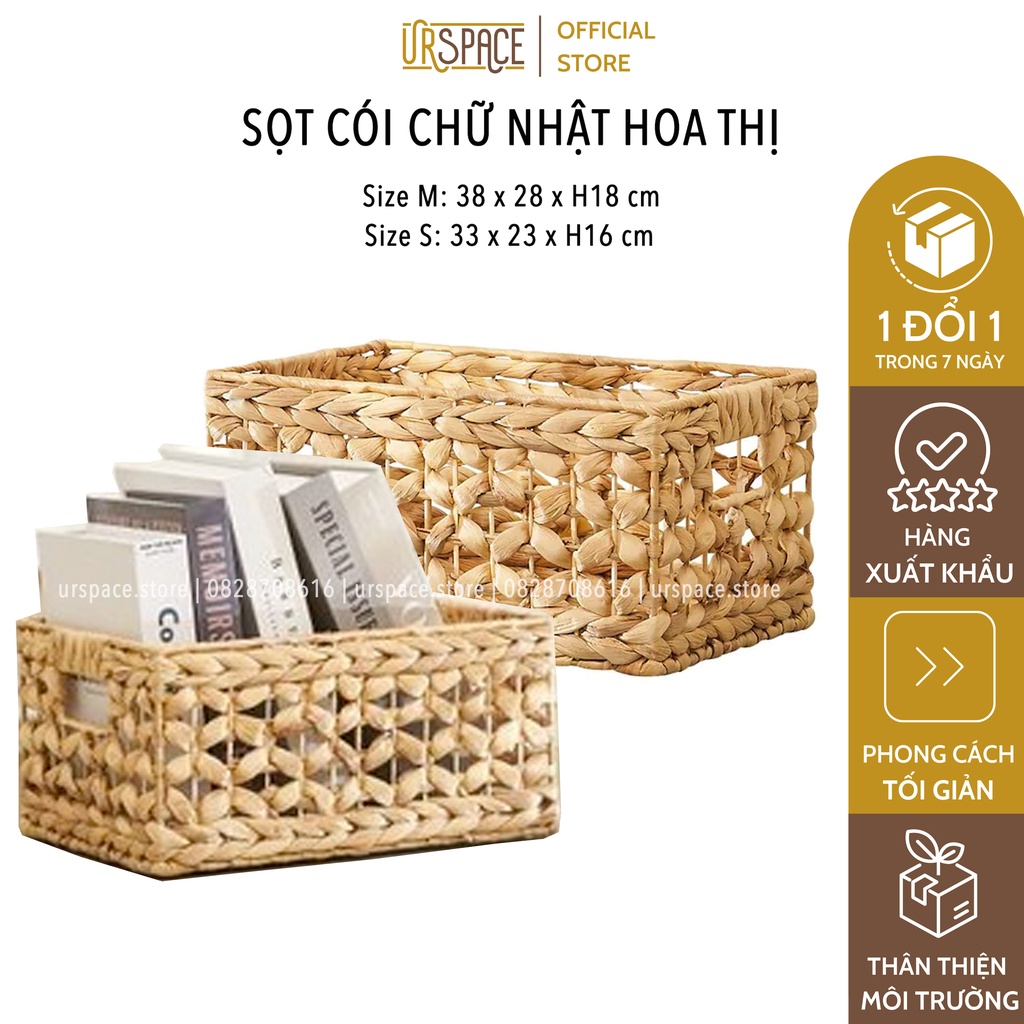 Giỏ cói hình chữ nhật đựng sách báo, đồ chơi/ Rectangle hyacinth storage basket flower weaving