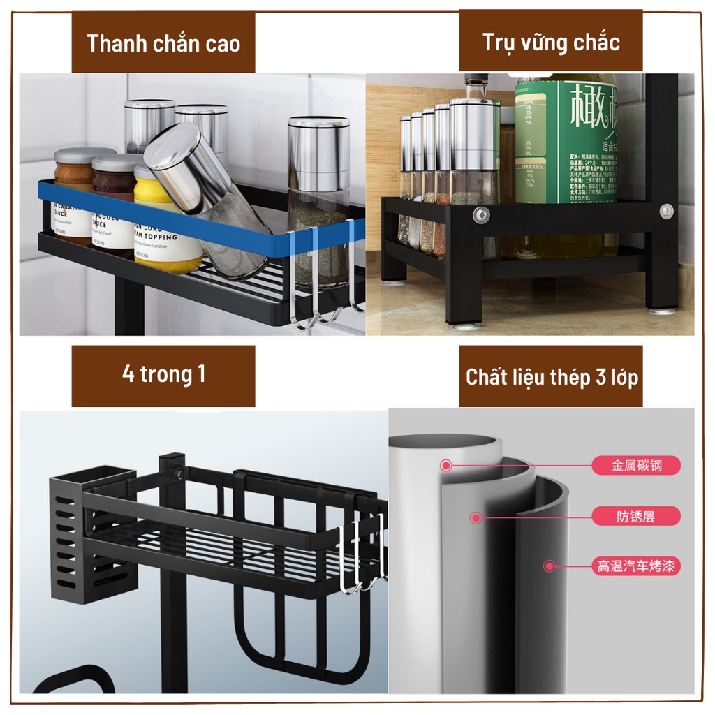 Kệ gia vị muối, đường đa năng  [GIÁ TỐT] kèm ống đựng đũa, giá để thớt và dao kéo 2 tầng sơn tĩnh điện đen nhà bếp