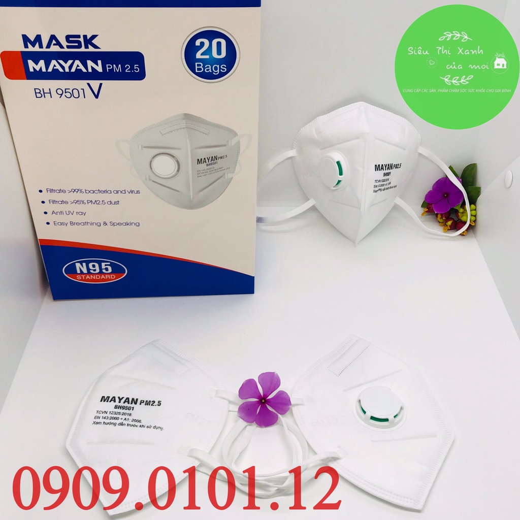 Khẩu trang n95 có van thở đệm mũi (10 cái), Kn95 chính hãng Mayan pm2.5 BH9501v lớp lọc kháng khuẩn than hoạt tính
