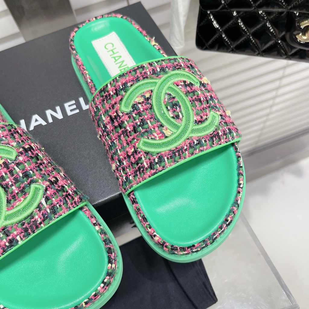 Dép nữ da thật thời trang cao cấp 𝘾𝙝𝙖𝙣𝙚𝙡 𝘾𝙝𝙖𝙣n𝙚𝙡 CN thiết kế dạ tweed, phong cách cá tính