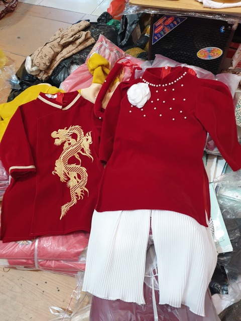 Cặp áo dài cách tân nhung cho bé trai và bé gái  9- 26kg có ảnh thật