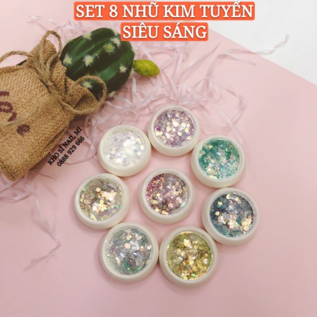 Set nhũ kim tuyến 8 màu trang trí móng đắp ẩn gel phong cách Hàn Nhật