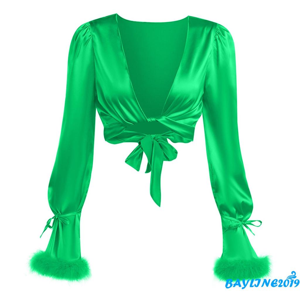 Áo Thun Dài Tay Màu Trơn Cổ Chữ V Buộc Dây Lông Vũ Thời Trang Cho Nữ