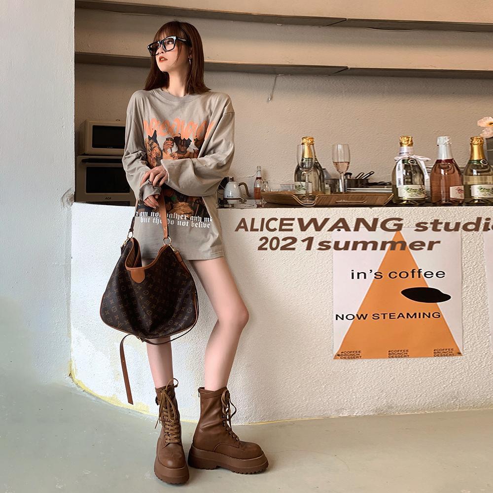 Áo thun Cotton tay dài dáng rộng thiết kế mới phong cách Retro