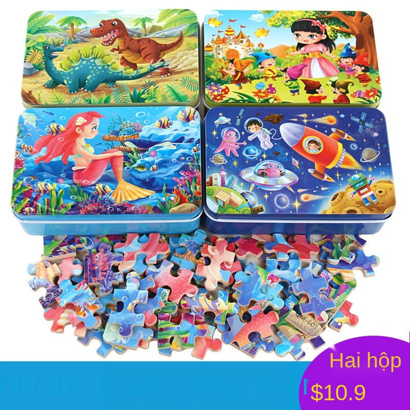 Câu đố trẻ em 60/100/200/3 00 miếng ghép hình Peppa Pig Super Flying Man khối xây dựng hộp thiếc đồ chơi bằng gỗ