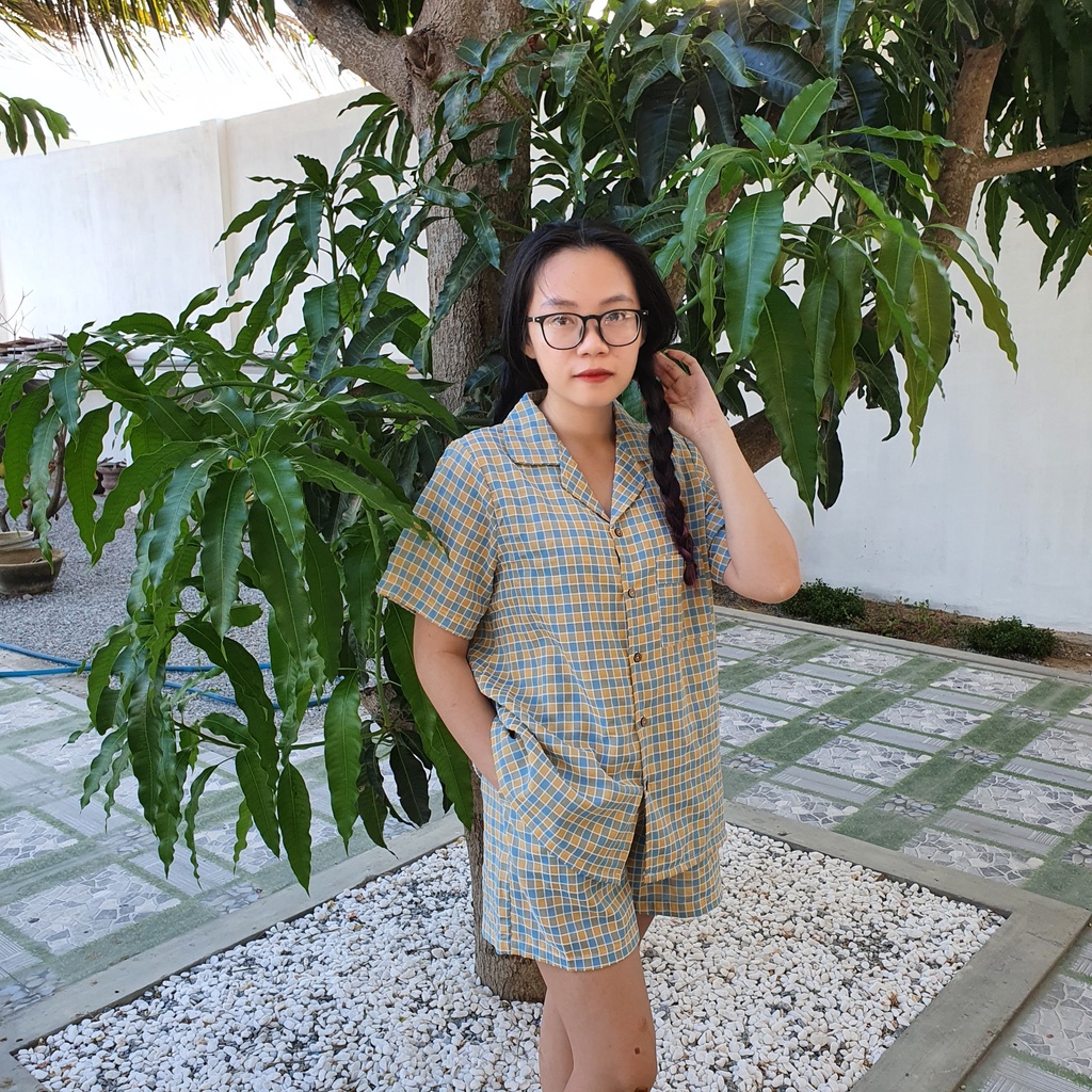 Pyjama mặc nhà caro gân vàng xanh không nhăn (có phân loại ngắn và dài)