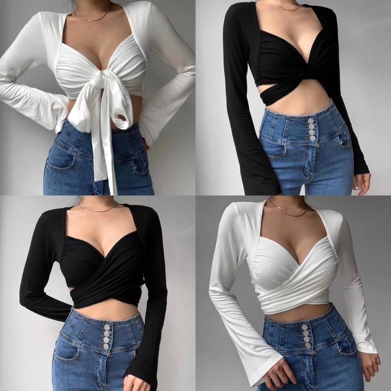 Áo croptop tay dài viền
