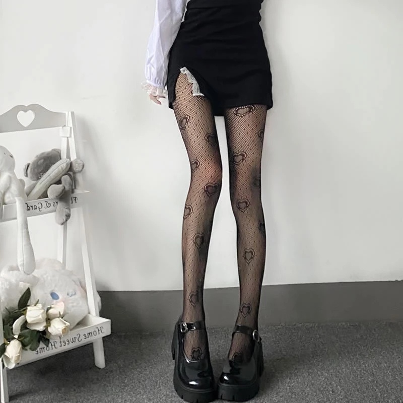 Vớ Cao Cao Đến Đùi Co Giãn Chống Trượt Thêu Họa Tiết Trái Tim Phối Ren Đen Phong Cách Lolita Nhật Bản Thời Trang Kích Thước Ngoại Cỡ Cho Nữ