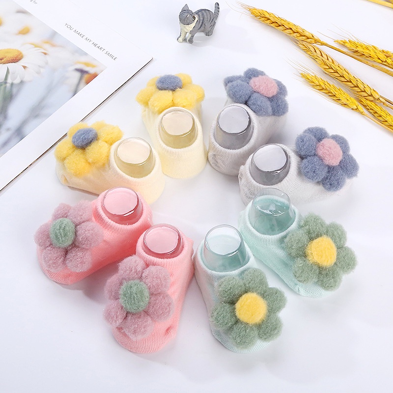 Vớ cotton cổ ngắn chống trượt đính hoa xinh xắn cho bé gái 1-3 tuổi