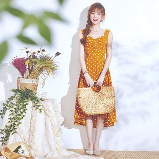 Váy maxi chấm bi hở lưng eo màu vàng - đỏ 0241