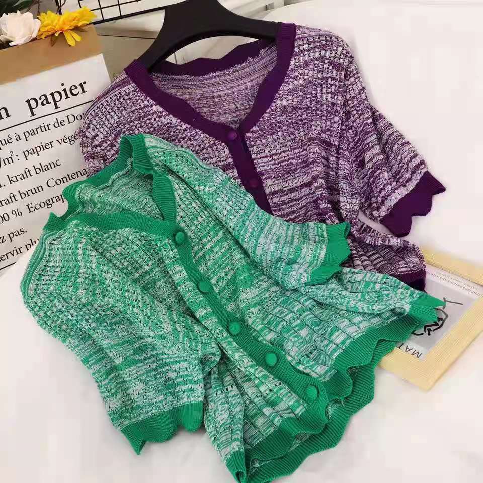 Áo Thun Dệt Kim Mỏng Dáng Ngắn Phối Bèo Xinh Xắn Cho Nữ