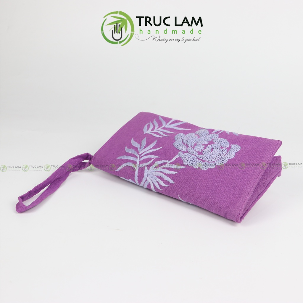 Ví Dài Cầm Tay Nữ Vải Linen Thêu Tay Họa Tiết Lá Liễu Hoa Cúc - Trúc Lâm Handmade