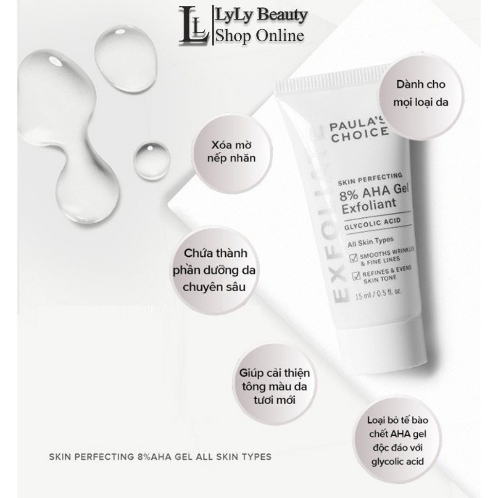 Tẩy tế bào chết Paula Choice AHA 8% Gel 15ml Skin Perfecting Exfoliant, tái tạo da không kích ứng, phù hợp mọi loại da