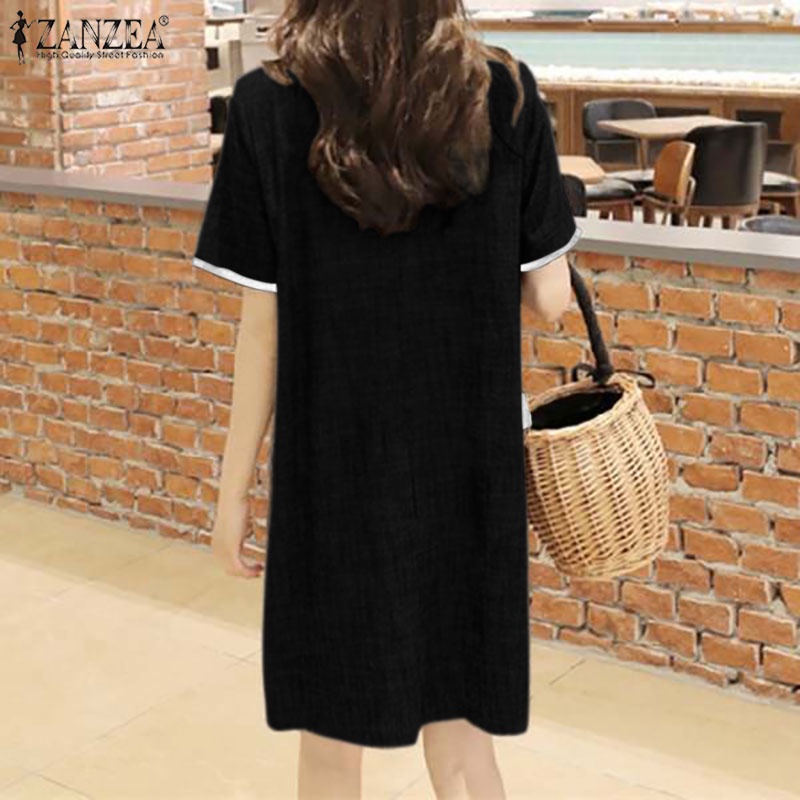Đầm midi ZANZEA tay ngắn cổ tròn màu trơn thời trang cho nữ