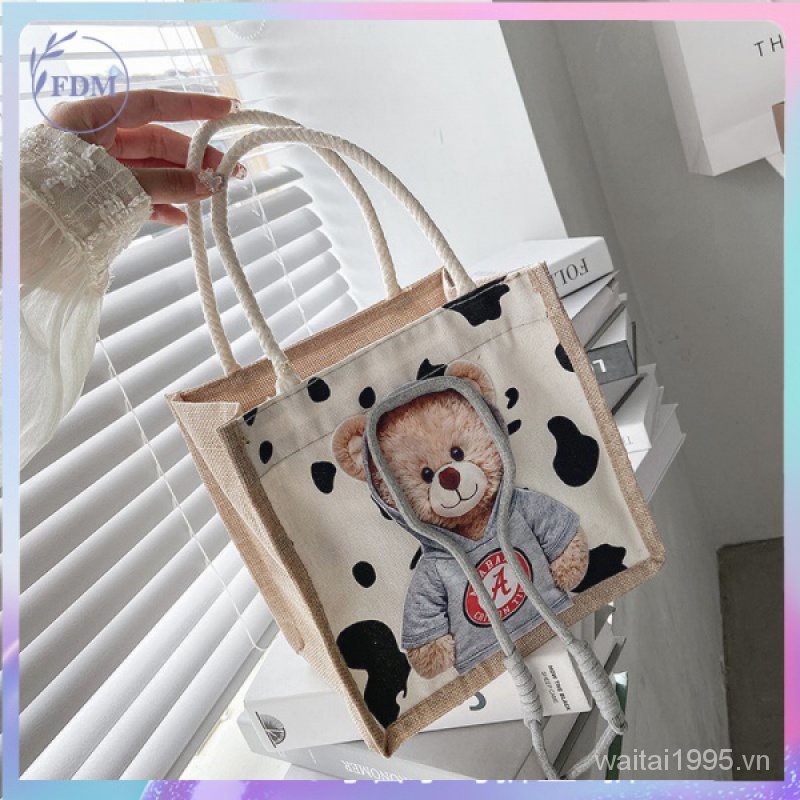 Túi xách tay bằng vải canvas in hình gấu dễ thương cho nữ
